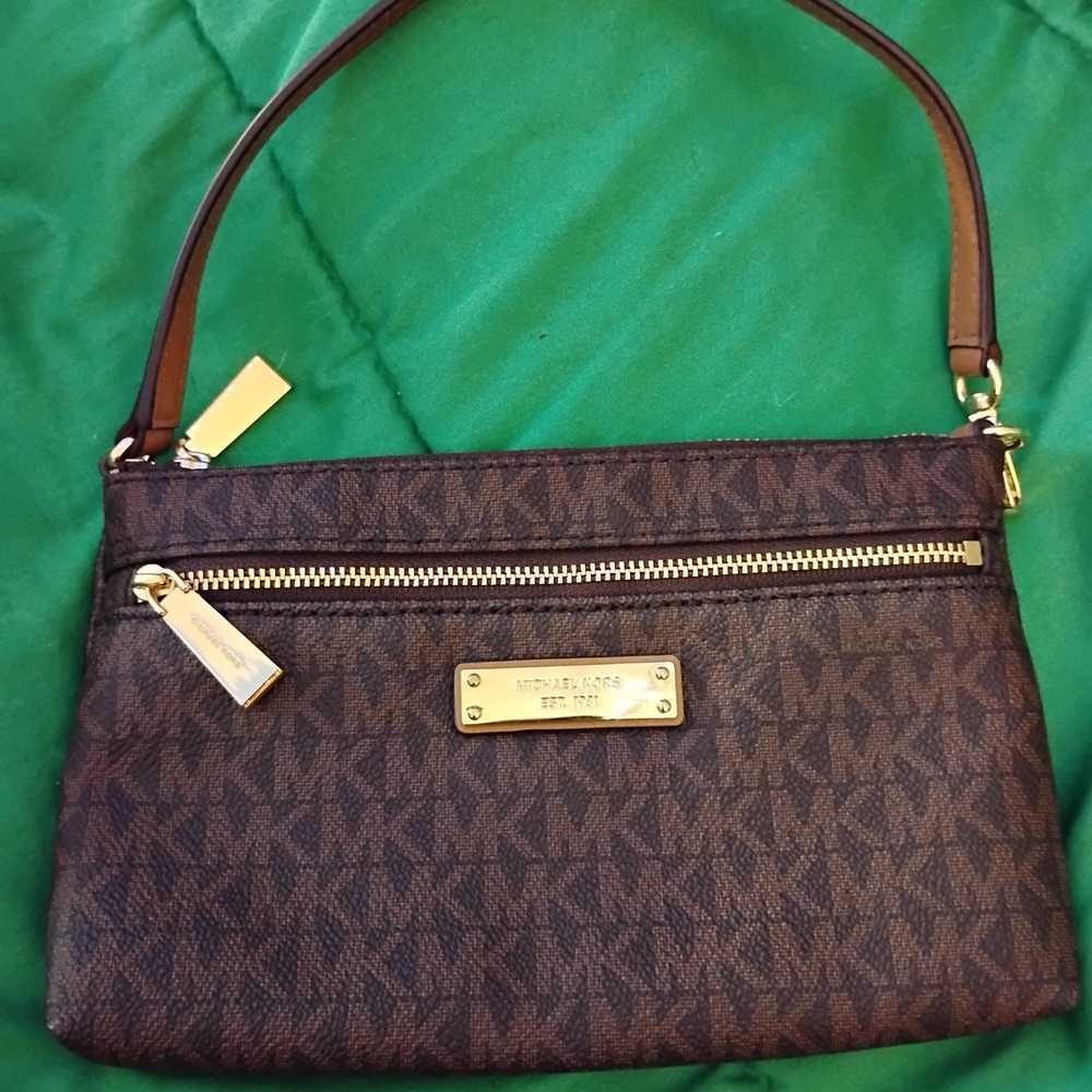 Michael Kors Brown Logo Shoulder Bag with Gold Hardware Plate